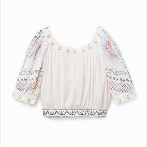 Desigual top womens LG white floral short gathered blouse cropped boho chic NWT